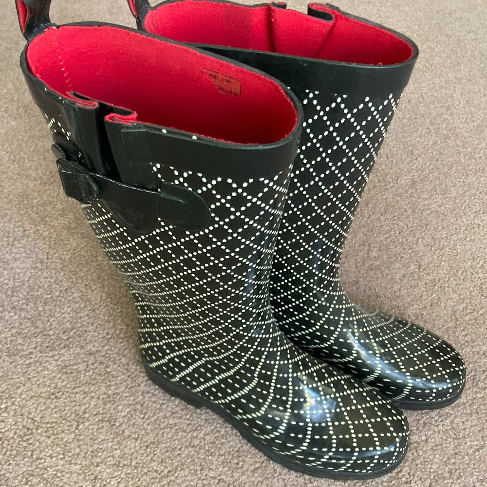 Cute Capelli Black and White Rain boots with Red Lining